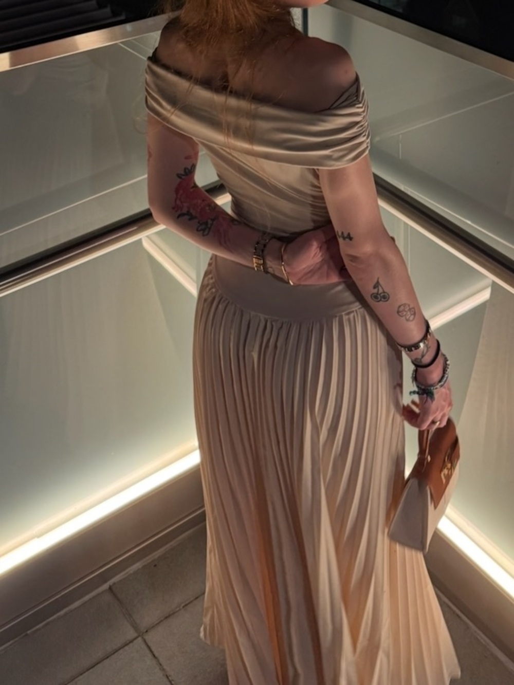 Off-Shoulder Pleated Maxi Dress in Beige - Picture 4 of 4